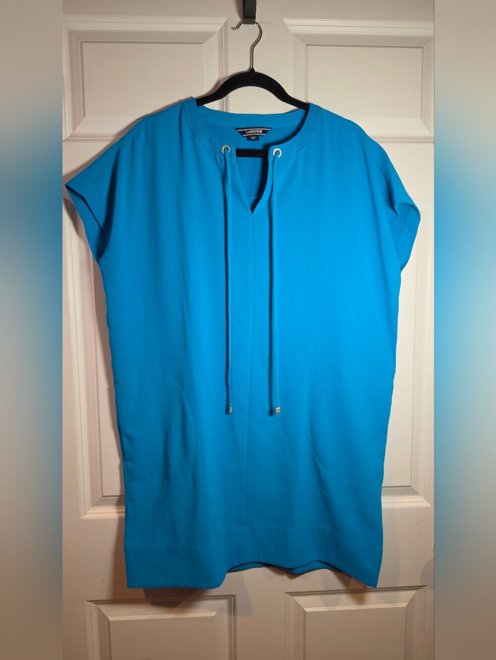 Lands End Womens Short Sleeve Crepe Pullover Dress with Pockets Blue 10 P